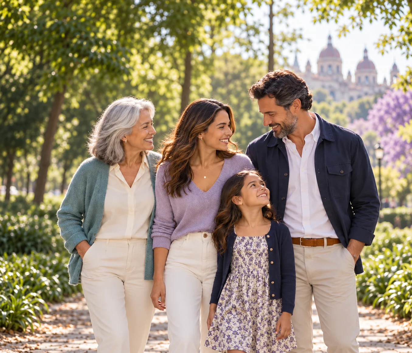 Fotografía ilustrativa de una familia con una niña, sus padres y una adulta mayor, caminando al aire libre.